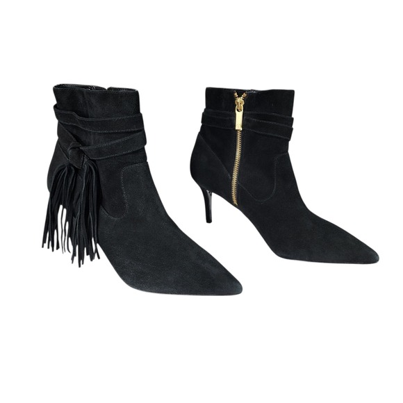 Charles Jourdan Paris Ankle Boots sz 7 Women Black Suede Fringe Pointed Toe - Picture 1 of 12